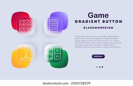 Game icon set. Tic-tac-toe, brick game, joystick, and domino icons. Glassmorphism design with gradient buttons for UI UX, mobile, and web applications