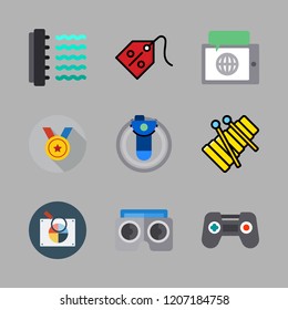game icon set. vector set about xylophone, game controller, medal and virtual reality icons set.