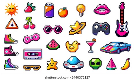 Game icon set, vector mobile app element. Pixel art objects isolated on white background. Game artefact icon in 8 bit style. Pixel graphic symbols group collection. Fruits, star, guitar, car, drink.