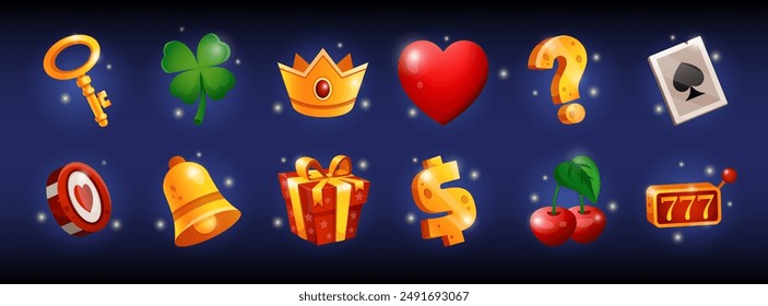 Game icon. Slot machine UI. Casino kit. Jackpot gift. Money coin. Gold key and crown. Poker winning. Cherry or shamrock. Vegas prize. Present box. Mobile GUI. Gambling elements set. Vector tidy design