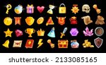 Game icon vector set, RPG UI winner badge kit, casino slot gambling machine objects, golden coin, crown. Medieval fantasy design elements, victory level up trophy, magic potion. Game icon collection