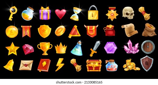 Game icon vector set, RPG UI winner badge kit, casino slot gambling machine objects, golden coin, crown. Medieval fantasy design elements, victory level up trophy, magic potion. Game icon collection