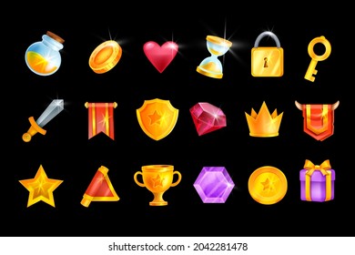 Game icon vector set, UI cartoon mobile app casino design element kit, golden coin, winner medal, shield. 2D fantasy objects, level up crown, magic gemstone, potion bottle. Trophy game icon assets