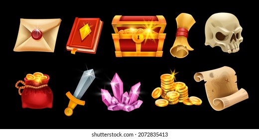 Game icon vector user interface set, UI mobile casino design element, achievement trophy badge kit. Golden coin pile, crystal gemstone, pirate map, treasure chest skull. Game RPG fantasy resource icon