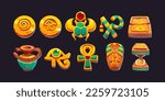 Game icons of ancient Egyptian gold coins, pharaoh tomb, vase, amulets and hourglass. Golden badges with symbols of gods of Egypt, vector cartoon set isolated on background