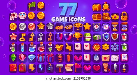 Game icons big set, cartoon skull, coin, star, xp and gold cup, clock, chest, medal or money sack. Crown, lock, key, magnet or shield, witch potion, gift box, crystal and parchment Vector ui elements