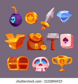 Game Icons With Bomb, Sword, Gold Cup, Skull And Coins In Bag. Vector Cartoon Set Of Signs For Gui Of Rpg Computer Game, Diamond, Hammer, Playing Cards, Box And Treasure Chest