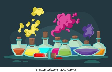Game icons of bottles with poison or elixir. Cartoon container for health or energy. Collection magical liquid in glass bottles with corks. Vector illustration of magic items or wizard toxic object.