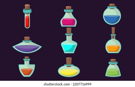 Game icons of bottles with poison or elixir. Cartoon container for health or energy. Collection magical liquid in glass bottles with corks. Vector illustration of magic items or wizard toxic object.