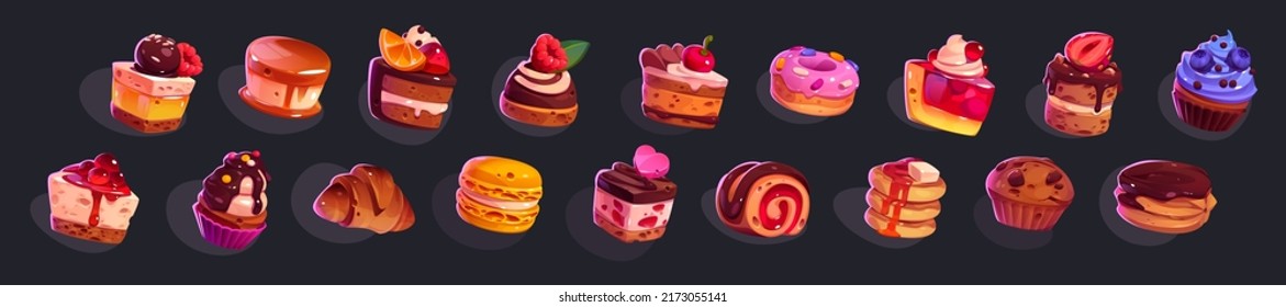 Game icons cakes, sweets and desserts. Cartoon 2d ui graphic elements, pastry, cupcakes, macaroons, ratafia and pancakes with topping, chocloate, berries, fruits and sprinkles isolated vector set