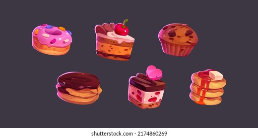 Game Icons Kuchen, Süßigkeiten und Desserts. Cartoon-2d ui-Grafikelemente, Gebäck, Cupcakes, Donut, ratafia und Pfannkuchen mit Toppen, Chocloate, Beeren, Früchten und Sprinklen einzeln auf Vektorgrafik