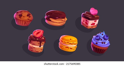Game icons cakes, sweets and desserts. Cartoon 2d ui graphic elements, pastry, cupcakes and macaroons, ratafia with topping, chocloate and nuts, berries and fruits isolated vector set