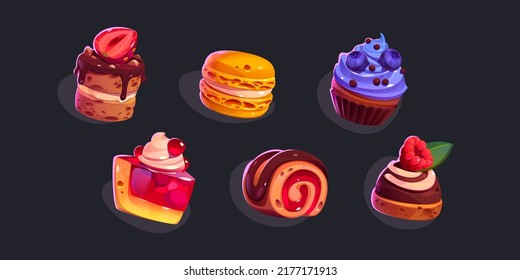 Game icons cakes, sweets and desserts. Cartoon 2d ui graphic elements, pastry, cupcakes, macaroons, roll with topping, chocloate, berries and fruits isolated vector set