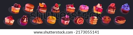 Game icons cakes, sweets and desserts. Cartoon 2d ui graphic elements, pastry, cupcakes, macaroons, ratafia and pancakes with topping, chocloate, berries, fruits and sprinkles isolated vector set