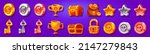 Game icons cartoon coins of gold, silver and bronze with skull or dollar. Golden trophy cup, rate stars, treasure chest, padlock and money sack. Award medals for user experience Vector gui graphic set
