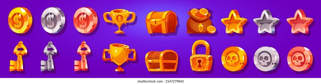 Game icons cartoon coins of gold, silver and bronze with skull or dollar. Golden trophy cup, rate stars, treasure chest, padlock and money sack. Award medals for user experience Vector gui graphic set