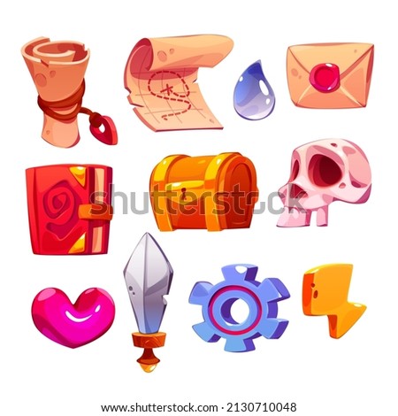 Game icons cartoon parchment scroll, pirate treasure map, water drop and envelope with wax stamp, spell book, chest, skull and pink heart. Sword, gear and flash isolated user interface vector elements