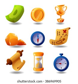 Game Icons Cartoon Set. Resources, Coins, Cup, Money, Timer, Map, Vector Illustration