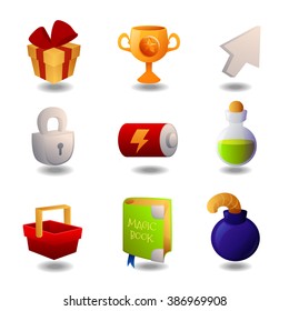 Game icons cartoon set. Resources, gift, cup, bomb, potion, battery vector illustration
