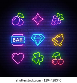 Game icons for casino. Icon from slot machine. Slot neon sign. Casino, Slot machine, Gambling. Vector Illustration