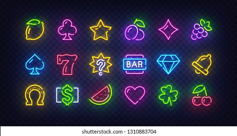 Spielsymbole für Casino einzeln. Symbol vom Slot-Rechner. Neonzeichen setzen. Casino, Spielautomat, Glücksspiel. Helle Signatur, heller Banner. Neon isolierte Symbol, Emblem. Vektorgrafik