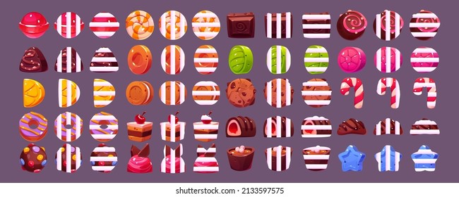 Game icons of chocolate and hard sugar candies, lollipop, fruit drops, cake and bonbon with white stripes. Vector cartoon set of sweet food symbols of caramel and dessert for casino slot machine