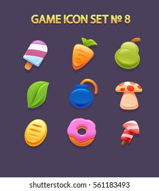 Game icons and design elements. Icons food.  Cool shiny glossy colorful shapes, vector assets for gui design. Color icons for games