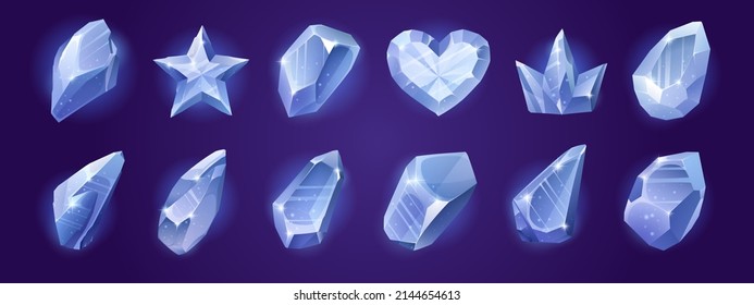 Game Icons Of Diamond Crystals In Abstract, Star, Heart, And Crown Shape. Vector Cartoon Set Of Blue Shiny Gems Or Stones Of Glass, Ice Or Rhinestone Isolated On Background