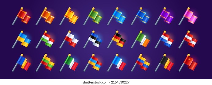 Game icons with flag of different countries and color pennants on pole. Vector cartoon set of waving flags of Ukraine, Belgium, Austria, France, Germany, China, Poland and other