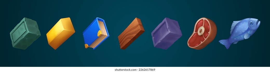 Game icons of food, stone, wood, gold and book. Resources and loot with wooden board, meat, fish, golden ingot, stone brick and iron, vector cartoon set isolated on background