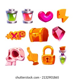 Game icons with heart, gem, lightning, batteries, gold treasure chest and skull. Vector cartoon set of symbols for mobile game gui, energy and xp signs, padlock, potion and pointing hand