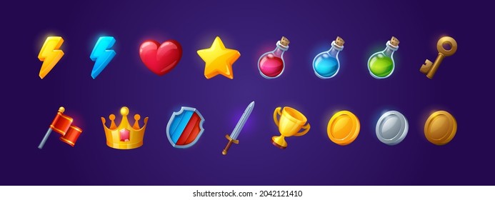 Game icons with heart, lightning, key, crown, gold cup and star. Vector cartoon set of symbols for gui of rpg computer or mobile game, shield, sword, coins, potions and red flag