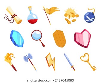 Game icons with heart, lightning, key, gold cup and star. Vector cartoon set of symbols for gui of rpg computer or mobile game, shield, sword, coins, potions and flag
