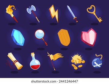Game icons with heart, lightning, key, gold cup and star. Vector cartoon set of symbols for gui of rpg computer or mobile game, shield, sword, coins, potions and flag