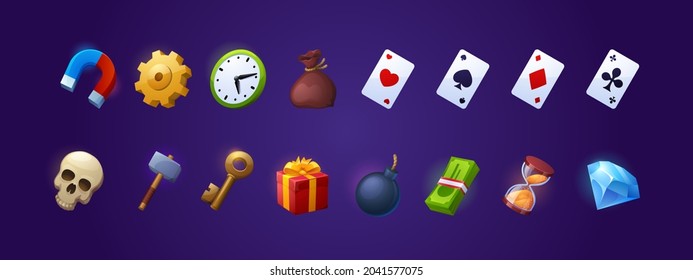 Game icons with key, clock, playing cards, money and gear. Vector cartoon set of symbols for gui of rpg computer or mobile game, diamond, gift, hammer, magnet, bomb and hourglass