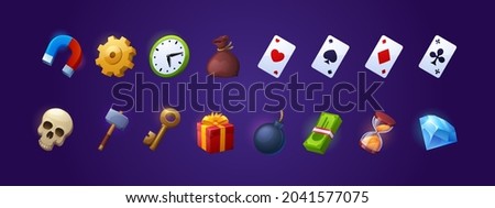 Game icons with key, clock, playing cards, money and gear. Vector cartoon set of symbols for gui of rpg computer or mobile game, diamond, gift, hammer, magnet, bomb and hourglass