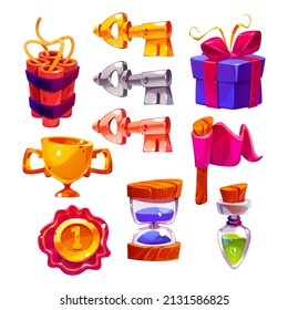 Game icons with keys, dynamite, gift box, flag, gold goblet and award badge. Vector cartoon set of signs for gui of rpg computer or mobile game, tnt, potion, trophy and hourglass