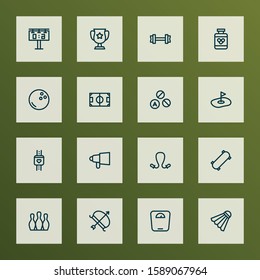 Game icons line style set with golf field, bullhorn, tennis ball and other skipping rope elements. Isolated vector illustration game icons.