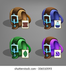 Game icons of medieval bags with symbols. Alchemy, herbalism, mining, traditional bags. Vector illustration.