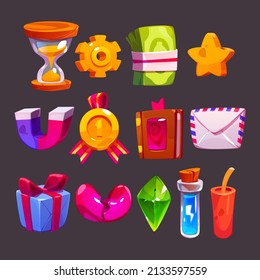 Game icons with money, gold star, dynamite, gift box, broken heart and award badge. Vector cartoon set of signs for gui of mobile game, hourglass, tnt, magic book, magnet, potion, gem and letter