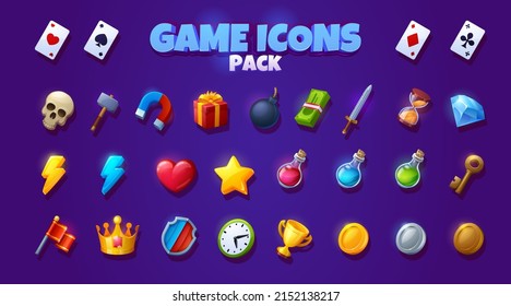 Game Icons Pack With Symbols Of Key, Playing Cards, Clock, Money, Gift Box And Diamond. Vector Cartoon Set Of Signs And Assets For Rpg Computer Or Mobile Game, Hammer, Sword, Potions, Bomb, Coins