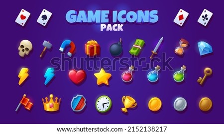 Game icons pack with symbols of key, playing cards, clock, money, gift box and diamond. Vector cartoon set of signs and assets for rpg computer or mobile game, hammer, sword, potions, bomb, coins