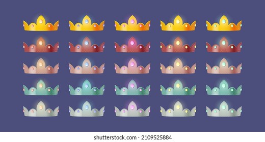 Game icons of royal crowns with gem different color. Vector cartoon set of king, queen, princess or prince headdress, gold, silver and bronze tiaras with gemstones and diamonds