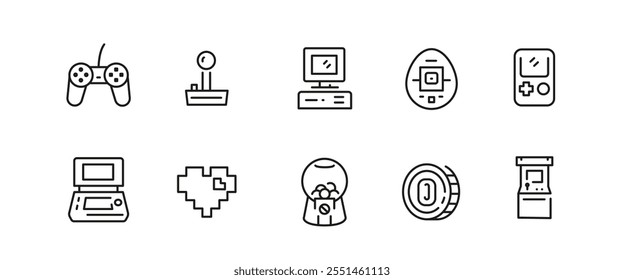 Game icons. Set of 10 retro games trendy minimal icons. Handheld Console, Arcade Machine, Desktop Computer icon. Design signs for web page, mobile app, packaging design. Vector illustration.