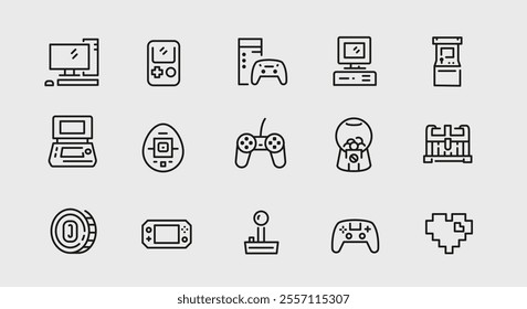 Game icons. Set of 15 game trendy minimal icons. Handheld Console, VR Headset, Arcade Machine, Desktop Computer icon. Design signs for web page, mobile app, packaging design. Vector illustration.