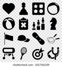 Game icons. set of 16 editable filled game icons such as from toy for beach, jump rope, hearts, ranking, target, clipboard with cross, tennis rocket, snow board, chess horse