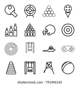 Game icons. set of 16 editable outline game icons such as pyramid, ranking, bowling, golf, swing, plastic ball, target, table tennis, american football helmet, kite, dinosaur