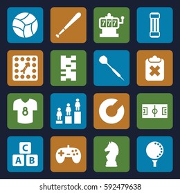 game icons set. Set of 16 game filled icons such as ABC cube, Slot machine, ranking, board game, golf ball, dart, football t shirt, chess horse, baseball bat, beach ball