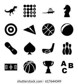 Game icons set. set of 16 game filled icons such as Spades, trophy, basketball, hockey stick and puck, snow board, chess horse, bowling, dinosaur, target, labyrinth