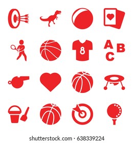 Game icons set. set of 16 game filled icons such as baby toy, bucket toy for beach, hearts, spades, basketball, tennis playing, golf ball, whistle, football t shirt, dinosaur
